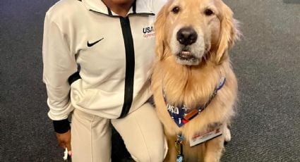 El equipo olímpico de gimnasia de Estados Unidos se apoya en un perro golden como parte de su terapia psicológica