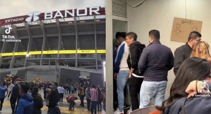 Exhiben baños del ‘remodelado’ Estadio Azteca con un letrero improvisado de cartón y dibujos con plumón para identificar Hombres y Mujeres